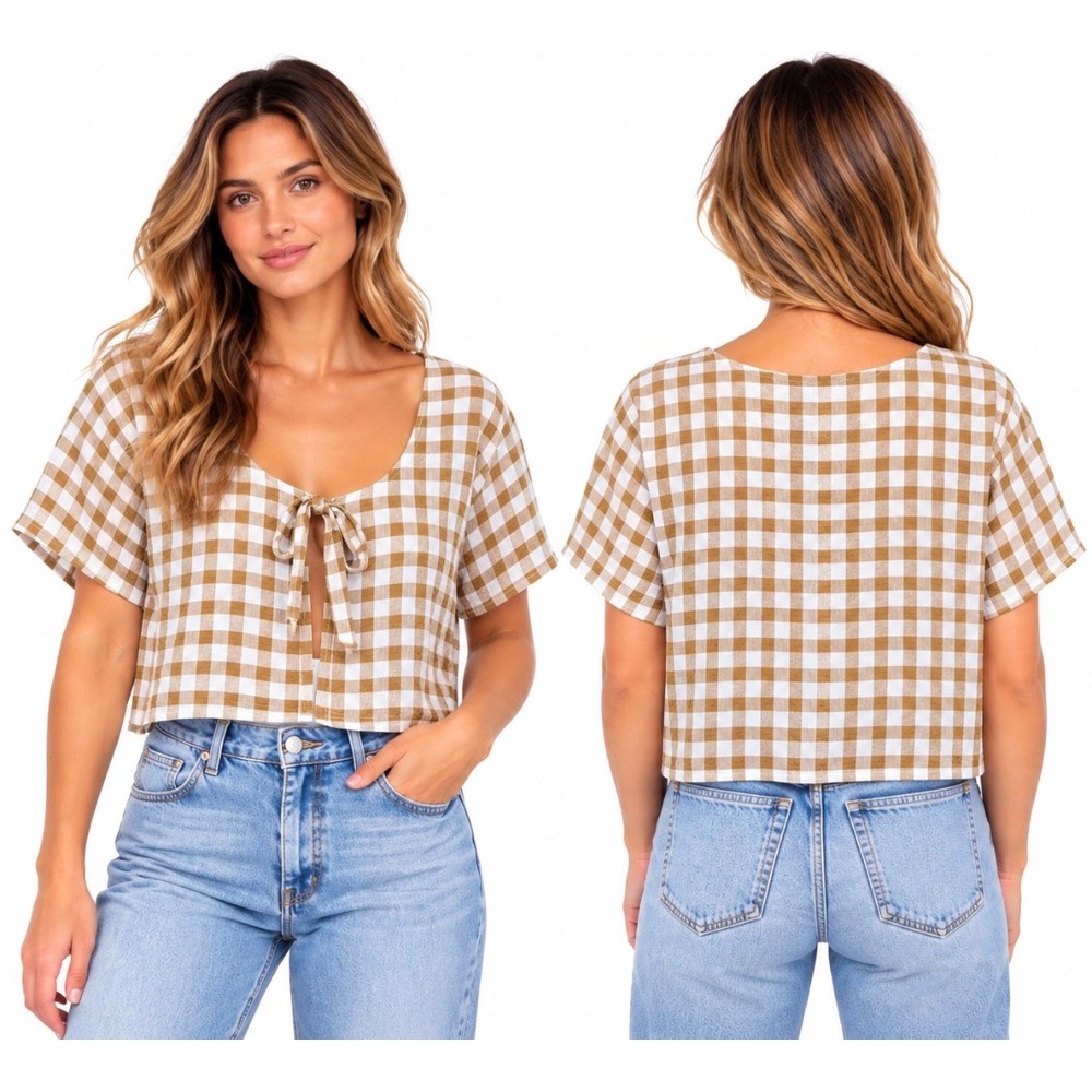 NWOT VRG GRL Gingham Tie Front Crop Top Brown White Check Short Sleeve Sz 6/US 2